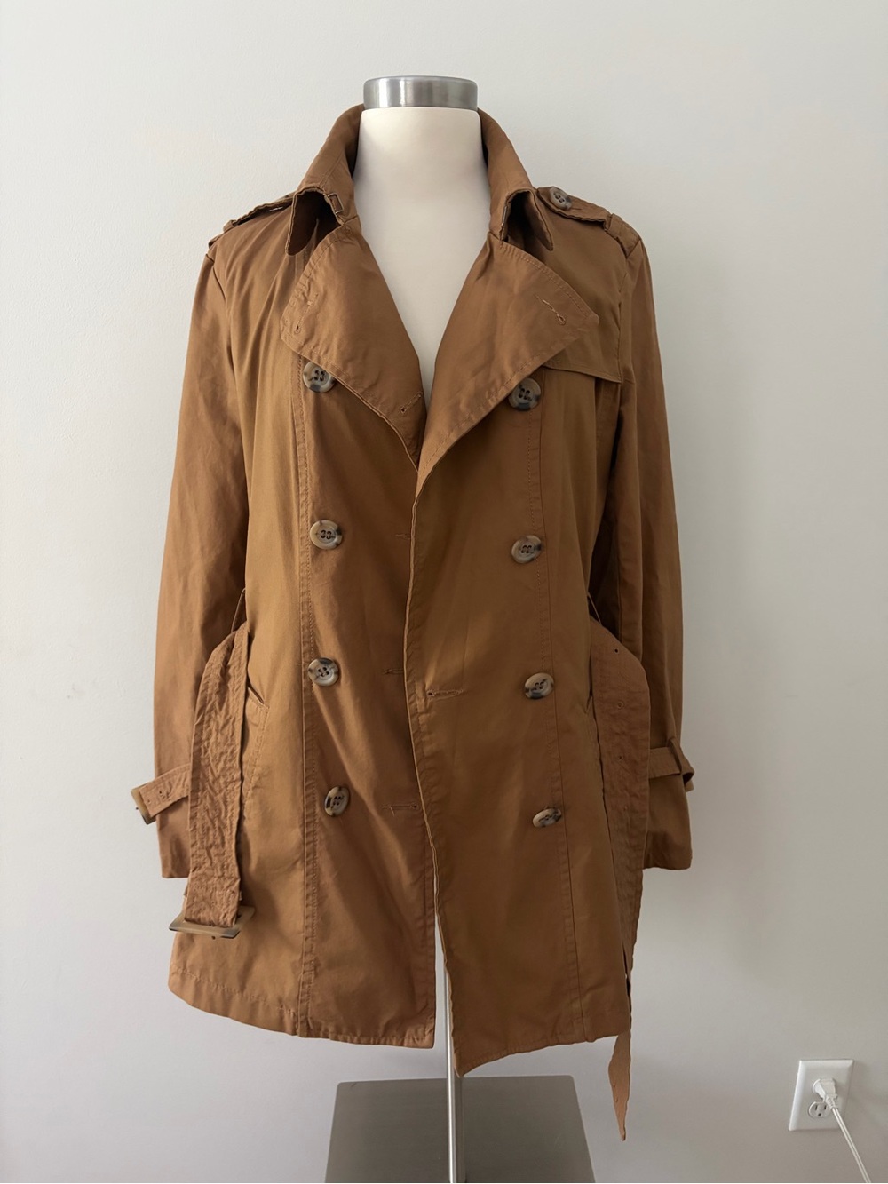 Stile Benetton Vintage Camel Double-Breasted Belted Trench Coat L Dark Academia - Picture 4 of 15